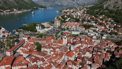 kotor and kotor bay with mountains in summer in montenegro. - aerial shot