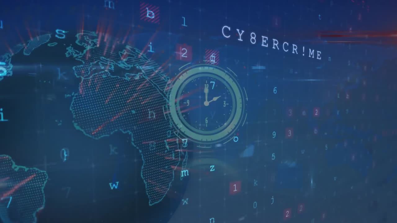 Digital clock ticking and cyber security data processing over spinning globe against blue background