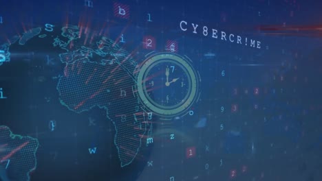 digital clock ticking and cyber security data processing over spinning globe against blue background