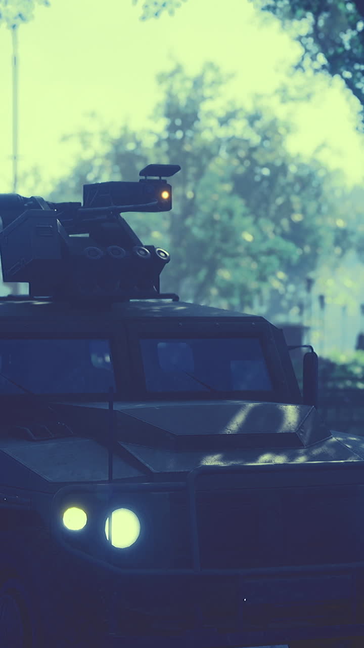 Armored vehicle patrols city park under early morning light