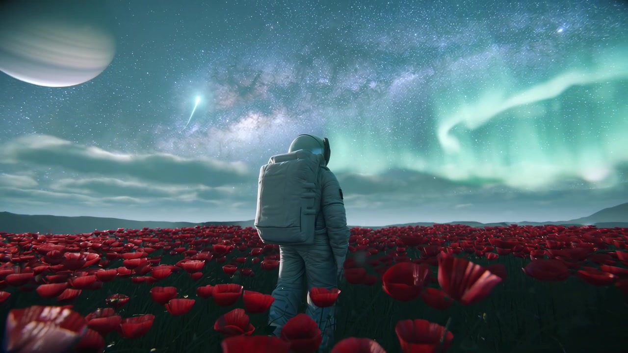 Astronaut Standing in a Field of Red Poppies Under a Cosmic Sky