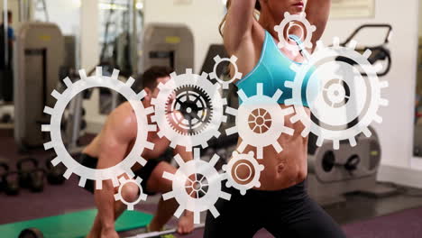 exercising in gym, people with gears and cogs animation overlay