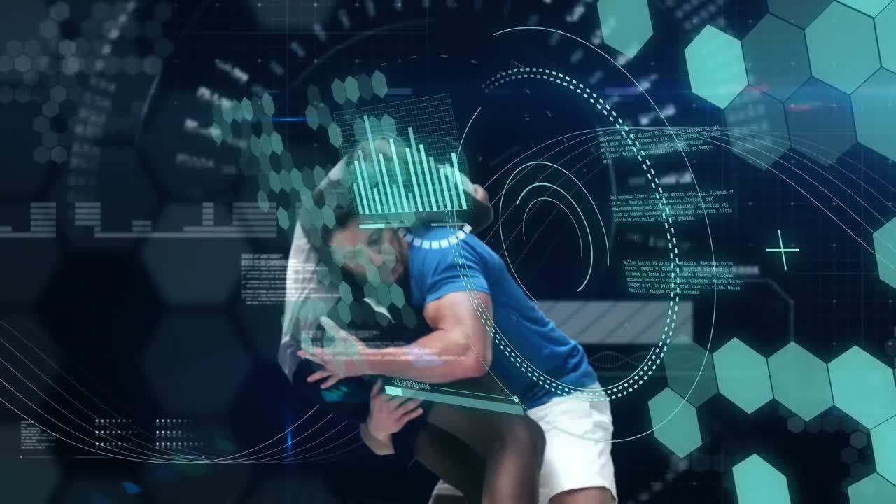 Animation of data processing and scope scanning over diverse male rugby players