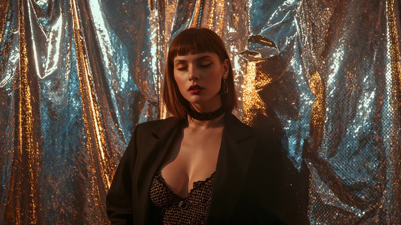 Casting amber and blue gels on foil backdrop, blazer-clad model maintaining gaze