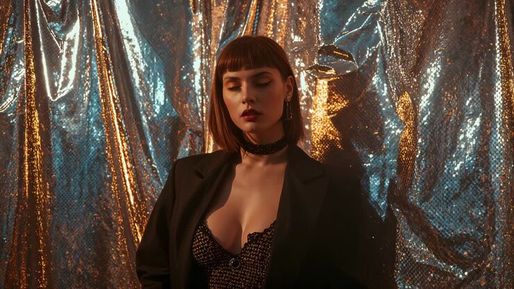 Modello in blazer che mantiene lo sguardo, con gel ambrati e blu proiettati su uno sfondo di alluminio