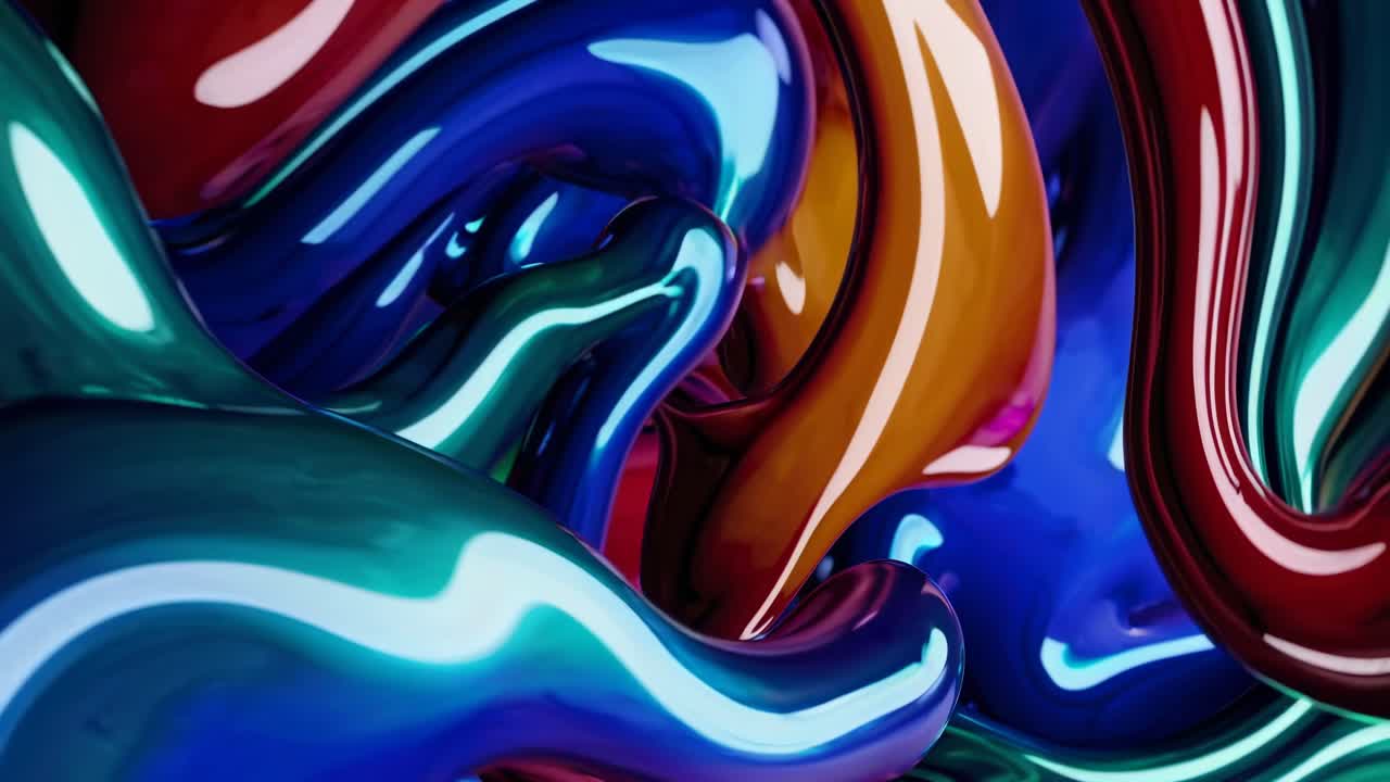 Dynamic close-up video of vibrant, glossy abstract shapes intertwining, showcasing a fluid