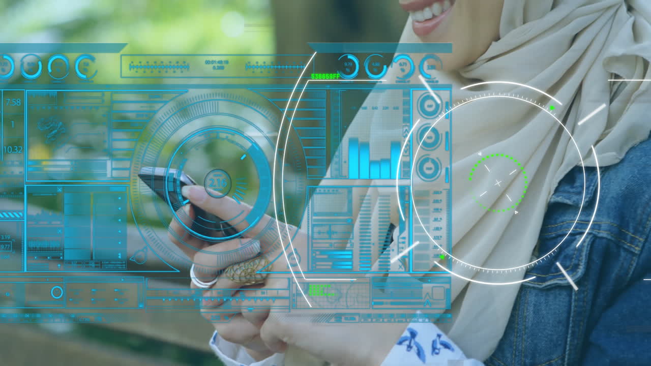 Using smartphone with digital data interface, woman smiling at screen