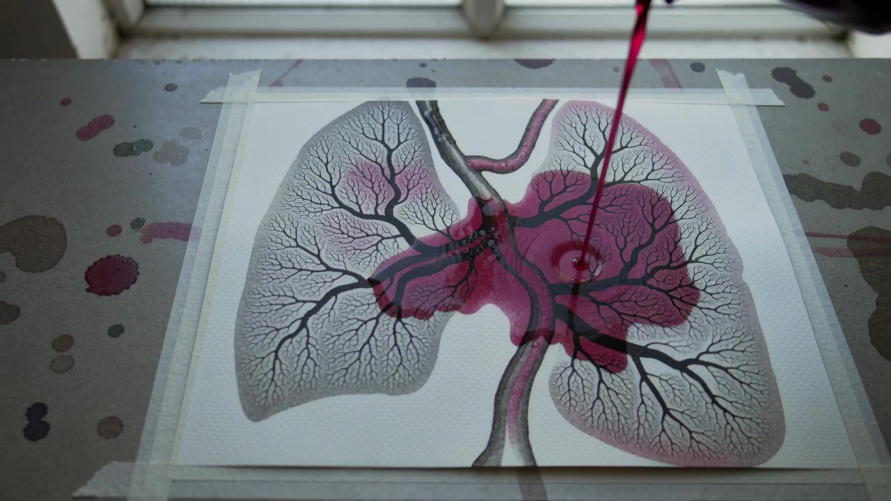 Bottiglia che versa un flusso magenta in un pozzetto su un polmone nastrato su un tavolo da lavoro artistico, macchiando la carta