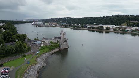 blackrock castle and surrounding river in cork, ireland, on an overcast day, aerial view