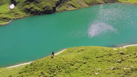 Aerial-cinematic-reveal-shot-:-Hiker-standing-on-top-of-a-high-green-hill-edge-overlooking-bachalpsee-alpine-turquoise-lake-Trail-in-swiss-alp-mountains-of-Grindelwald,-Switzerland-in-summer