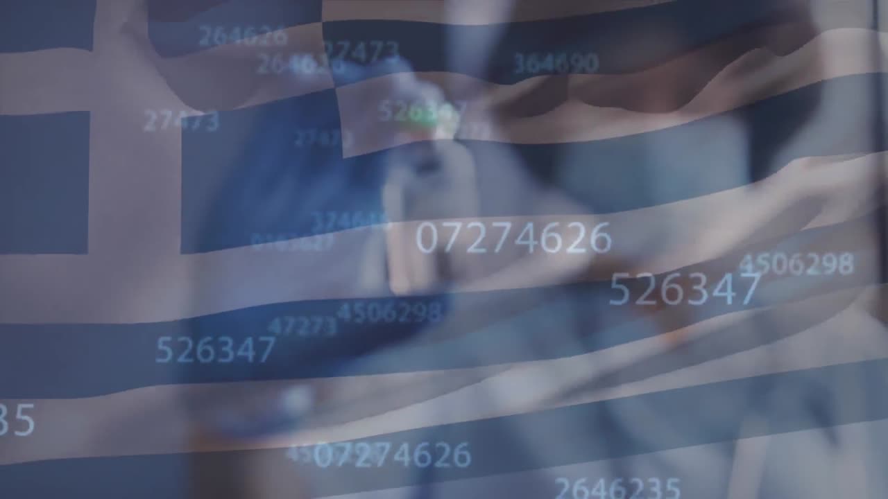 그리스의 발과 통계의 애니메이션, 마스크를 쓴 장갑을 입은 의사가 백신 병을 들고 있습니다.