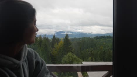 woman looking at mountain view from window