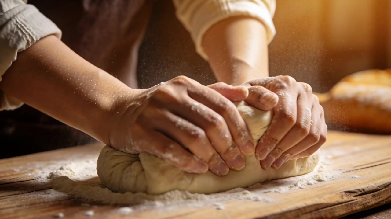 Pressing and folding baker hands shaping dough loaf on wood bench for baking, flour, rolled sleeves