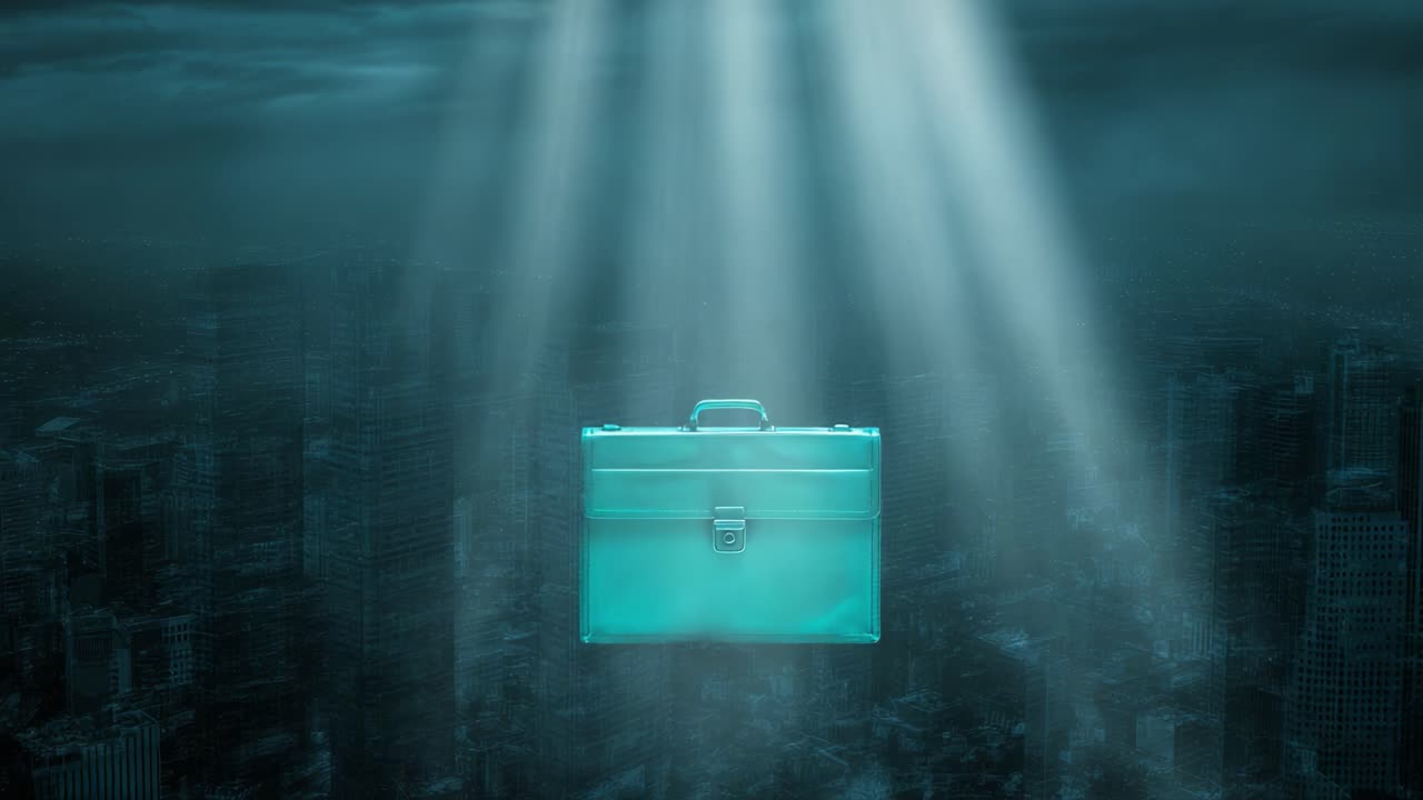 Mystical beams of light shining down on a single glowing briefcase levitating mysteriously above a dark, silhouetted cityscape, representing a powerful corporate opportunity or secret