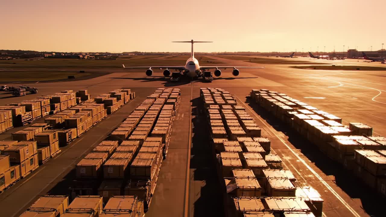 Aerial View of Cargo Aircraft Ready for Departure Amidst Stacked Shipping Containers on an Airport Tarmac at Sunset, Highlighting Efficient Logistics and Transportation Operations