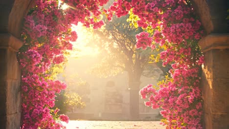 a doorway with pink flowers growing out of it