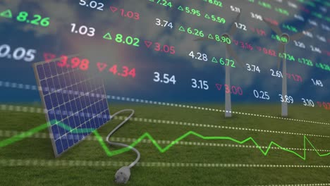 Animación-Del-Procesamiento-De-Datos-Sobre-Paneles-Solares,-Turbinas-Eólicas-Y-Paisaje.