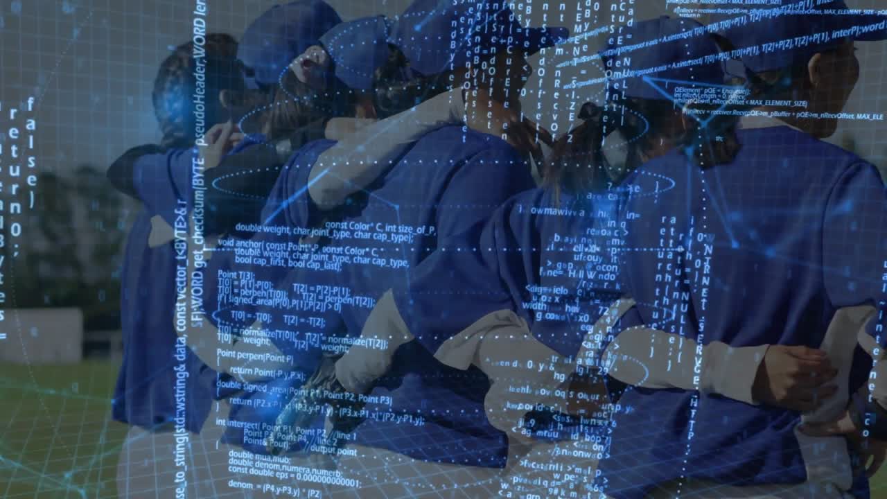Baseball players forming huddle on field, starting pep talk while code overlay rising over backs