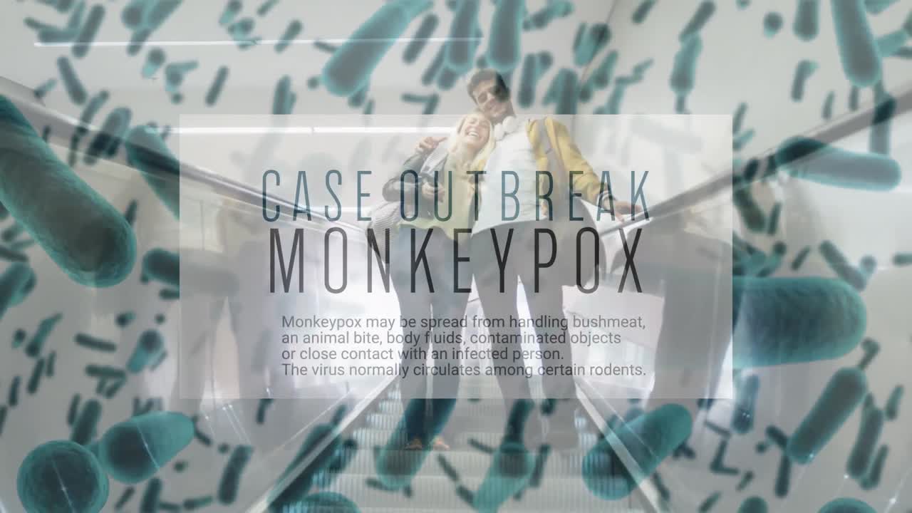 Animation of monkey pox over viruses and caucasian couple
