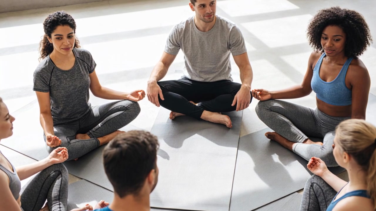 Seks voksne i træningsleggings på måtter reagerer på et signal, justerer hænderne og lukker øjnene for meditation.