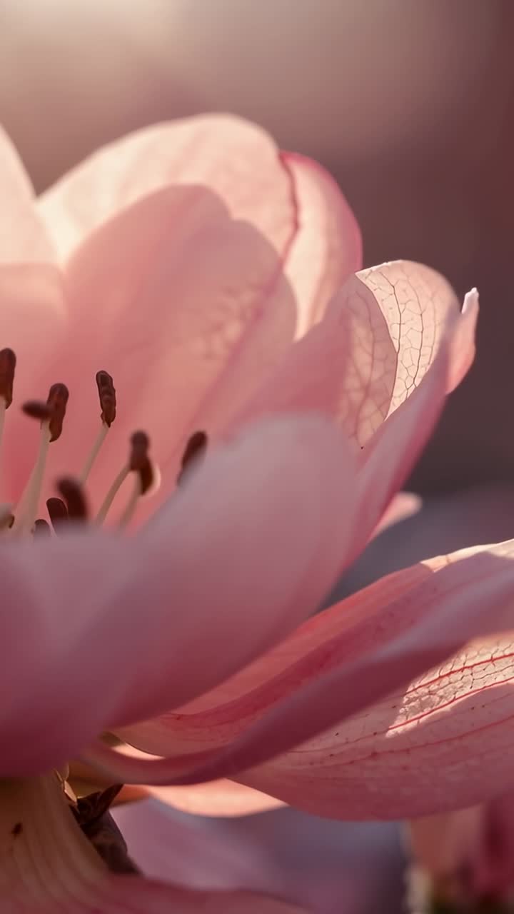 Video verticale: Fotocamera che panoramica rivelando un fiore rosa in macro nel giardino, mostrando venature illuminate sul bordo e antere.