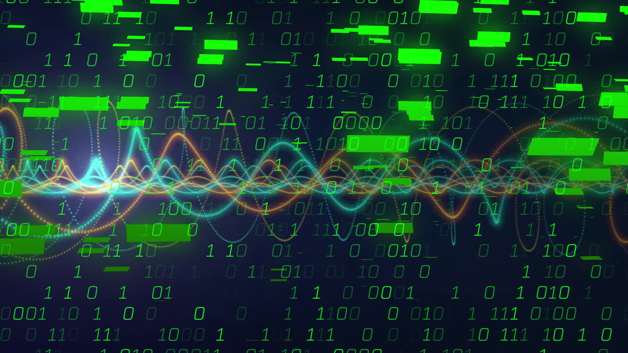 Animation of digital data processing with binary code and colorful waveforms