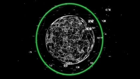 Animación-De-Globo-Giratorio-Con-Nodos-Interconectados-Y-Puntos-De-Datos-Sobre-Fondo-Negro