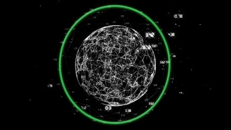 globo giratorio con nodos interconectados y animación de puntos de datos sobre fondo negro