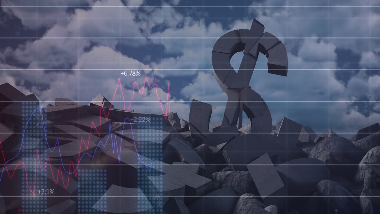 파란 하늘의 구름에 대한 부러진 달러 기호를 통해 금융 데이터 처리