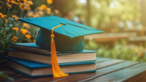graduation cap and books