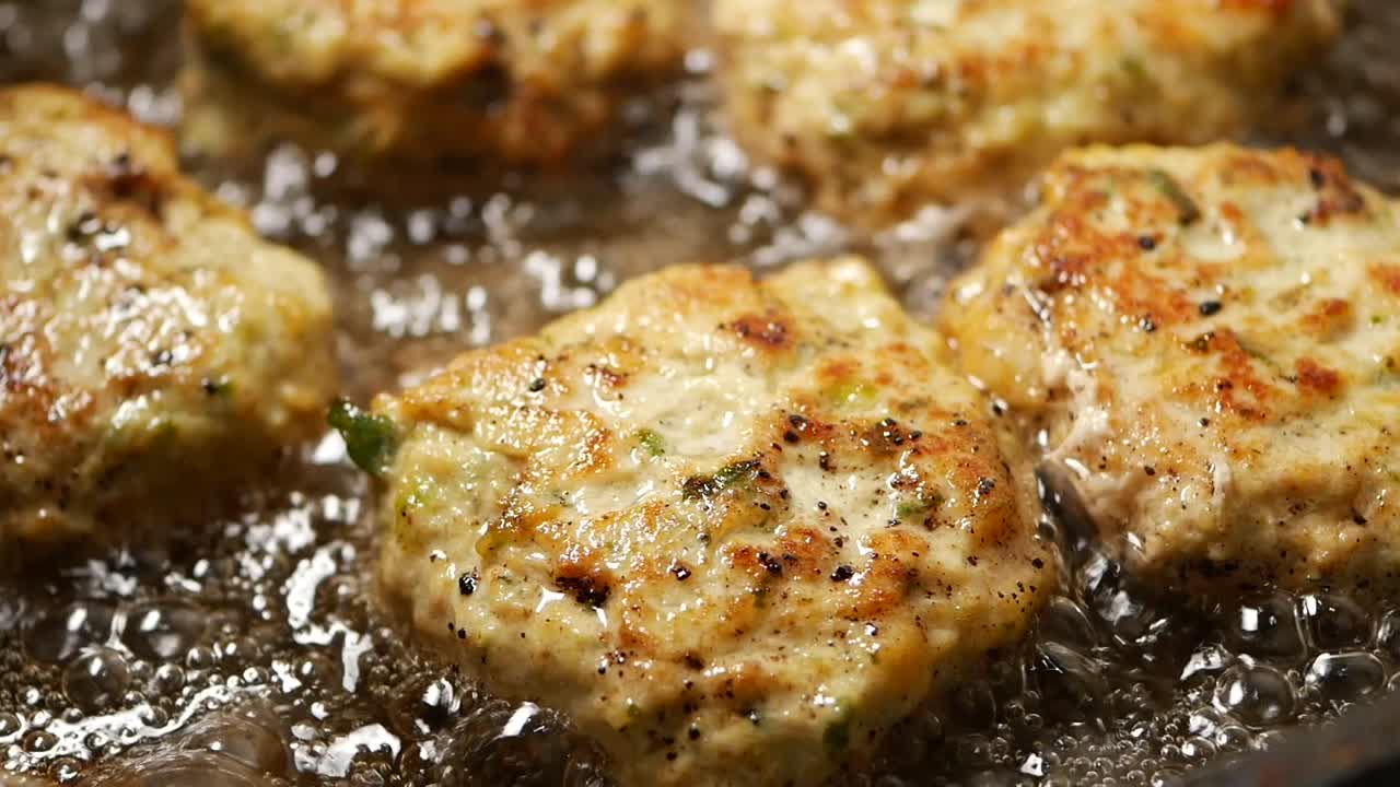 Nahaufnahme von leckeren Frikadellen, die in heißem Öl braten