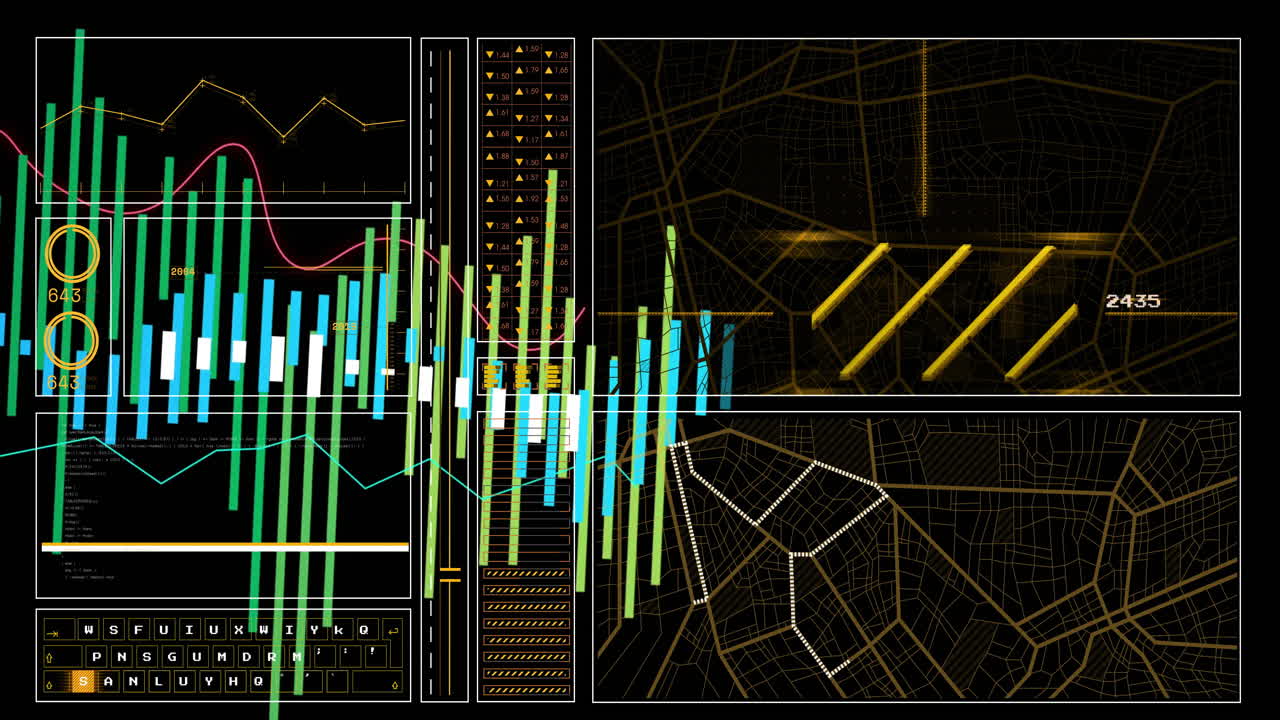 Animation of financial data charts and graphs overlaying digital map with numbers