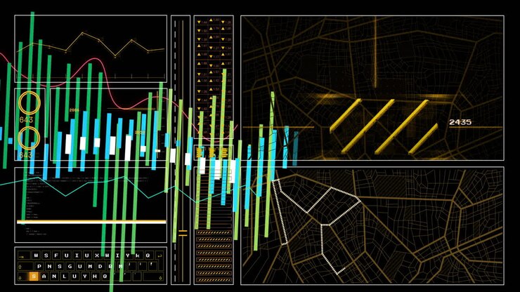 Animation of financial data charts and graphs overlaying digital map with numbers