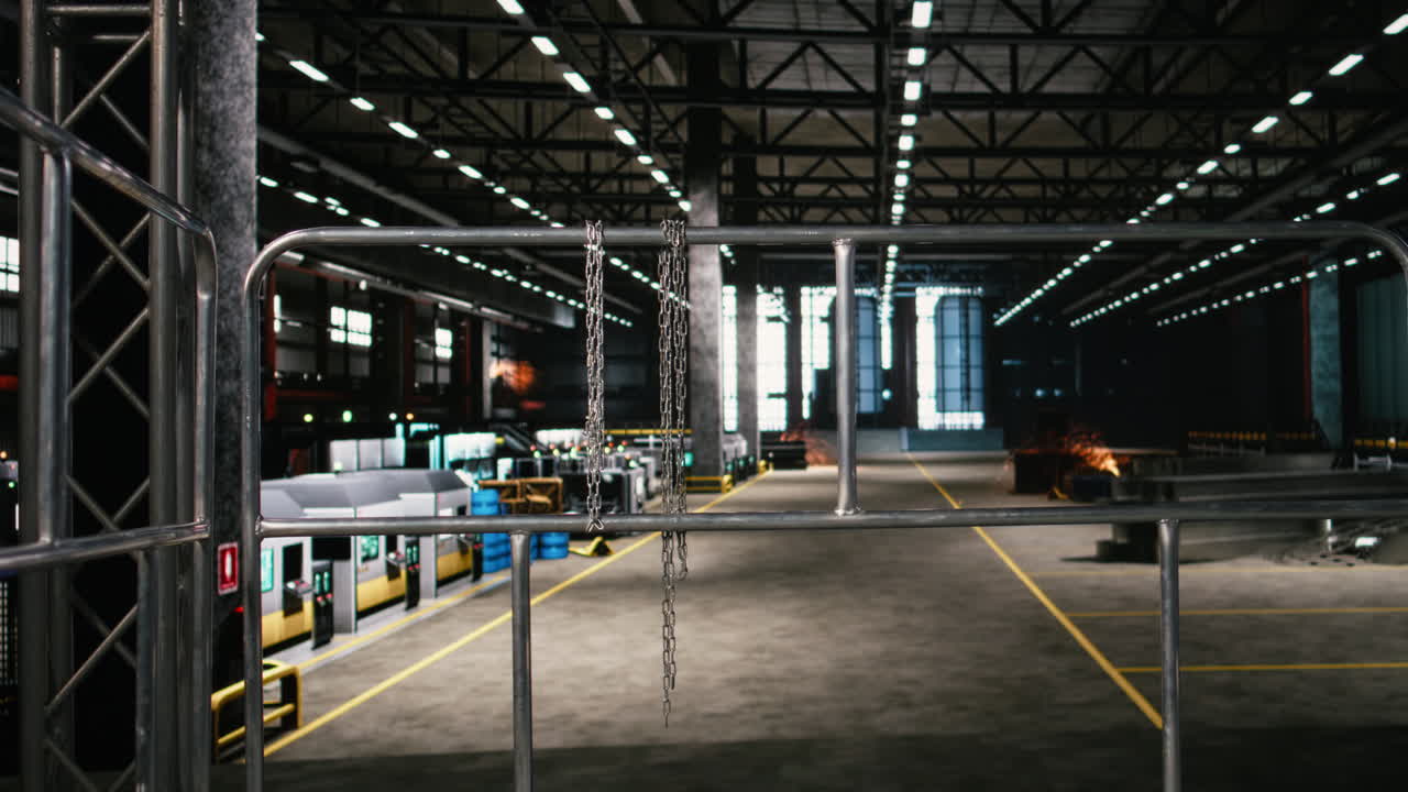 Tomt interiør fra tung industri med massive metalbjælker og industrielt rammeværk