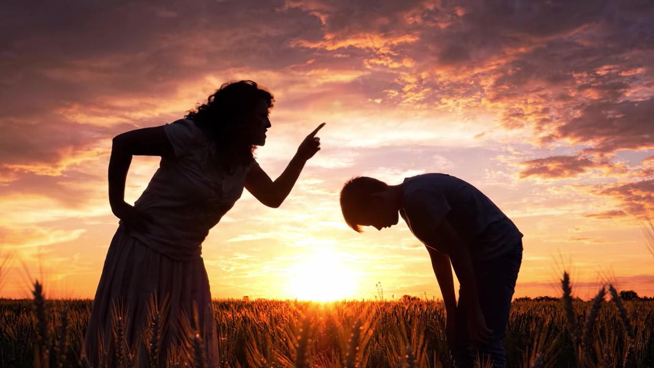 Una madre e un figlio impegnati in una conversazione seria durante un tramonto mozzafiato, catturati in silhouette contro un cielo dorato.