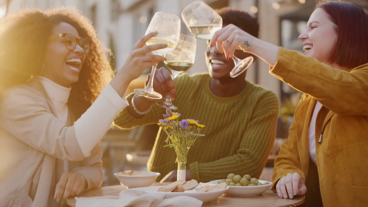 Una scena video allegra di amici che brindano con il vino al tramonto, ripresa da un’angolazione laterale