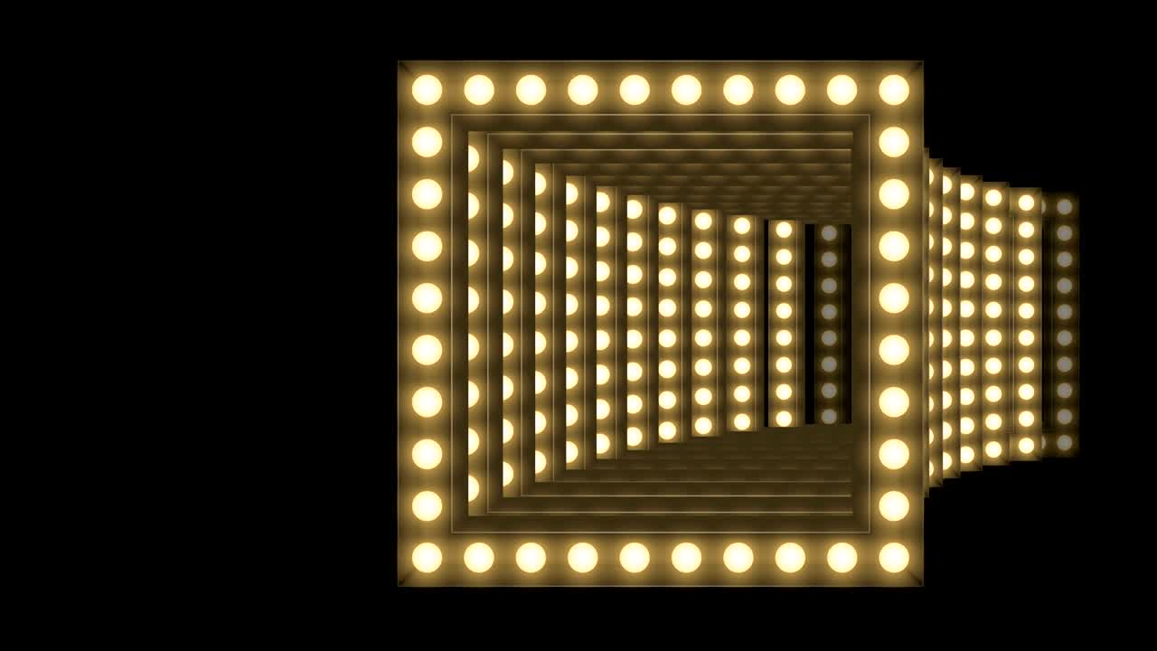 cuadro de caja de bombilla incandescente de túnel forma cuadrada patrón móvil, estilo retro 3d ilustración de estilo virtual brillo en fondo oscuro animación de bucle sin costuras 4k, con espacio de copia