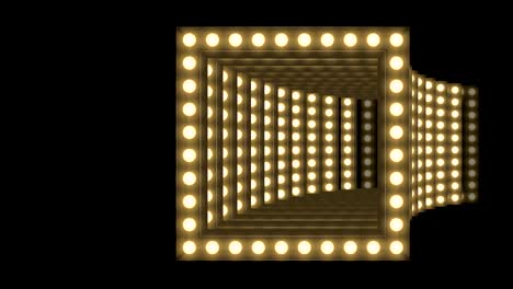 cuadro de caja de bombilla incandescente de túnel forma cuadrada patrón móvil, estilo retro 3d ilustración de estilo virtual brillo en fondo oscuro animación de bucle sin costuras 4k, con espacio de copia