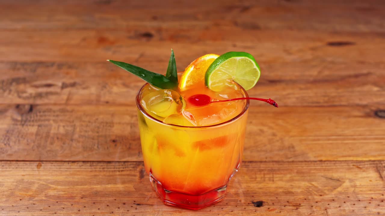 un cóctel de mezcal que se coloca en una mesa de madera en un restaurante