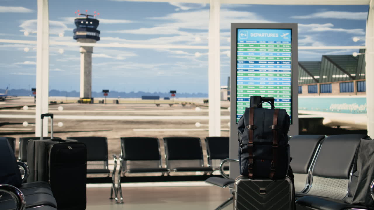 Sala de espera de aeroporto vazia, malas e mochilas deixadas, painel de partidas