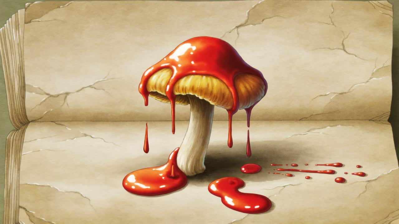 Fungo singolo che cola liquido rosso lucido su una pagina di libro antica, formando una pozza per la grafica.