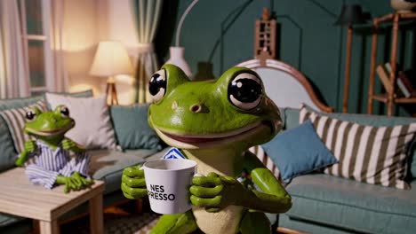 frog enjoying nespresso coffee in a cozy living room