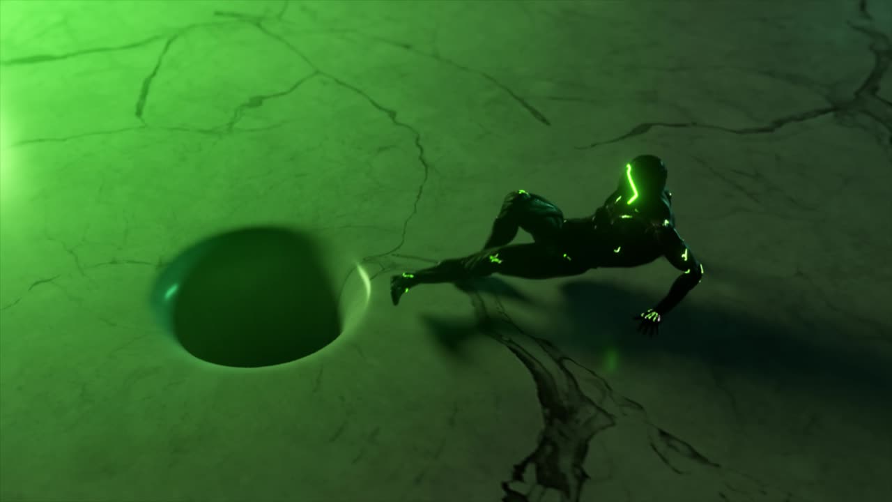 The alien character resists the pull of a black hole with a moving marble texture. Abstract composition. Seamless loop 3d render