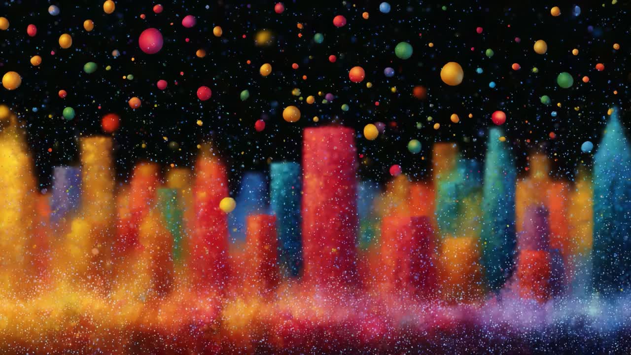 A mesmerizing display of vibrant colors and abstract forms, depicting a colorful city skyline against a cosmic backdrop filled with floating orbs of light, creating an enchanting visual experience