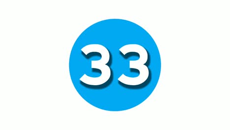 number 33 thirty three sign symbol animation motion graphics on blue circle white background,cartoon video number for video elements