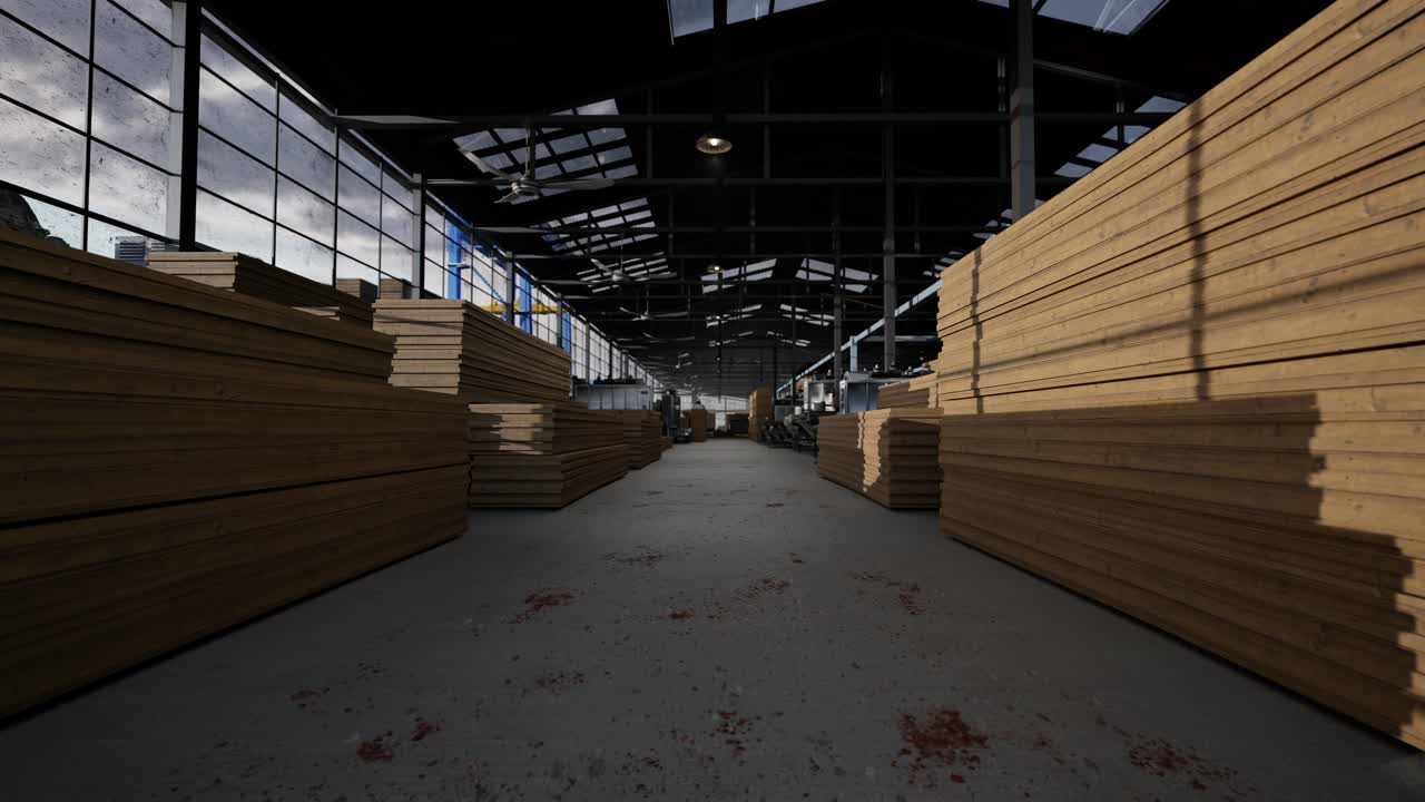 Pile di assi di legno in un grande magazzino industriale