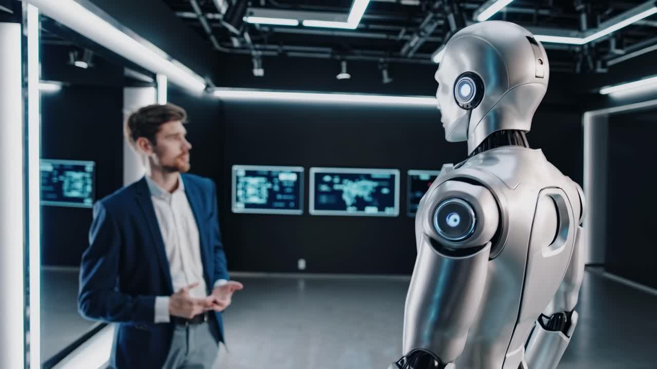 Futuristic video showcasing a human interacting with a robot in a high-tech lab