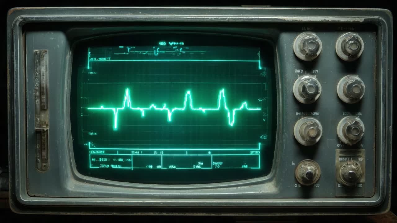 Primo piano di un monitor vintage che mostra modelli di forme d'onda ECG con distinte fluttuazioni del segnale del battito cardiaco in due fotogrammi chiave di un'ambientazione medica futuristica