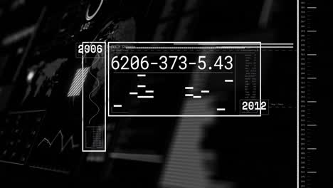 Animation of interface with data processing and spinning globe against black background