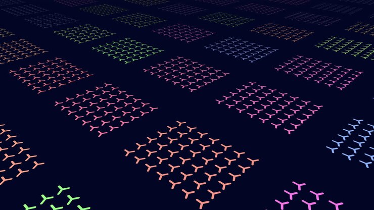 Neon rainbow triangles pattern in rows on black gradient